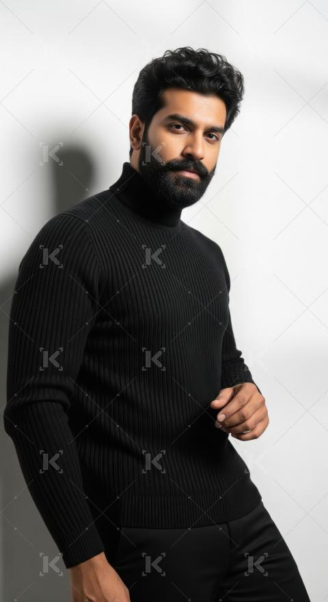 Confident Man in Black Turtleneck Sweater Fashion Portrait