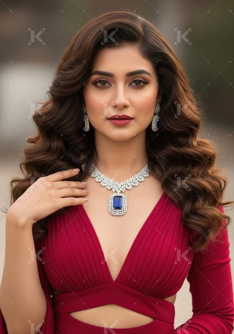 Stunning woman in red gown and sapphire diamond jewelry