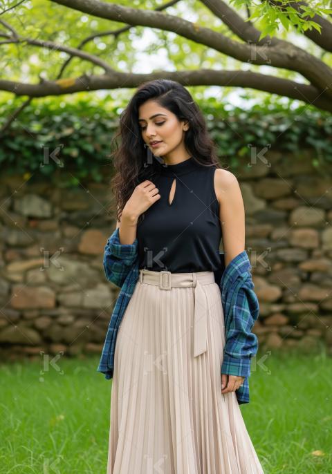 Beautiful Woman in Stylish Outfit Posing Outdoors