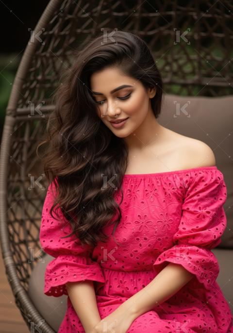 Beautiful young woman in pink eyelet dress smiling serenely.