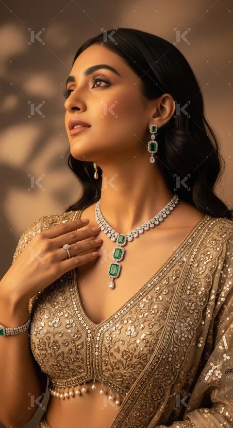 Elegant Woman Adorned in Luxurious Emerald and Diamond Jewelry