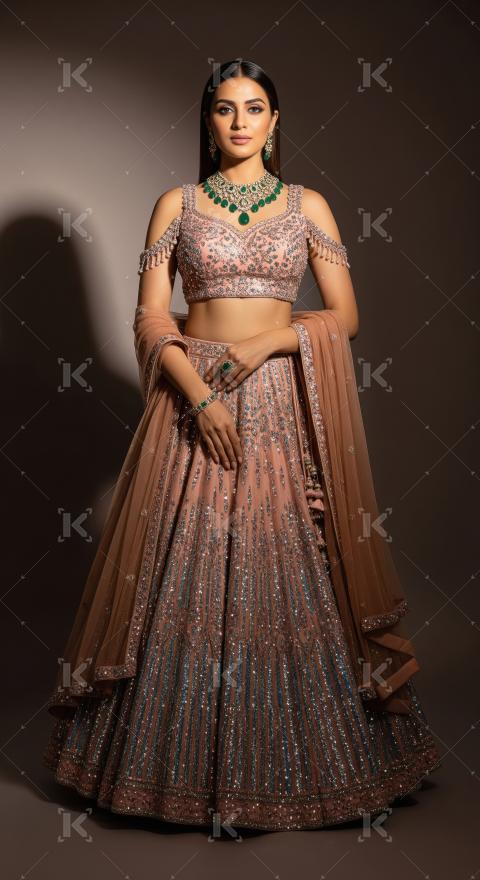 Elegant Indian Woman in Designer Peach Lehenga Choli Jewelry