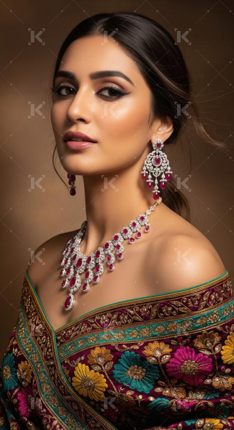 Indian Woman Adorned in Exquisite Ruby Diamond Jewelry, Traditio