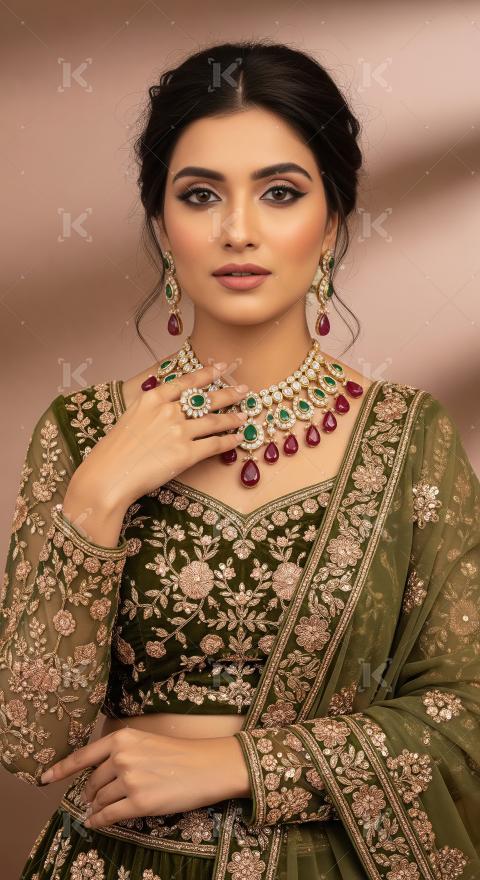 Elegant Indian Woman in Green Lehenga with Ruby Emerald Jewelry