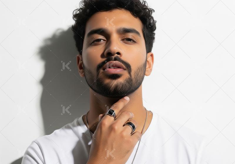Confident Young Man with Curly Hair Posing with Rings