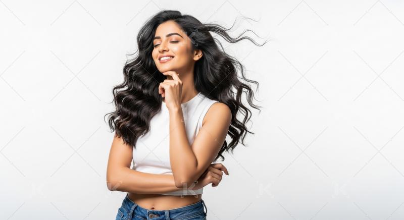 Beautiful Indian Woman with Flowing Hair, Smiling Serene