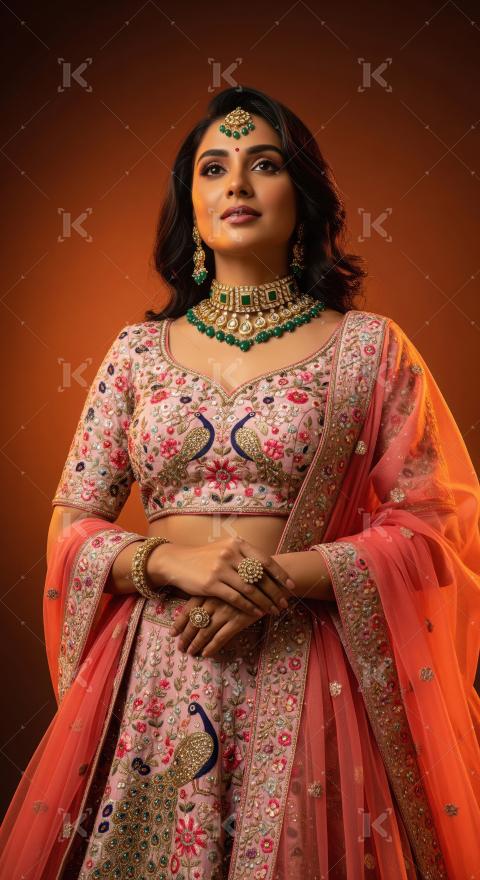 Elegant Indian Woman in Traditional Embroidered Lehenga and Brid