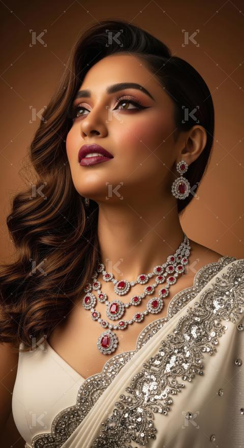 Stunning Woman Adorned in Exquisite Ruby Diamond Jewelry and Sar