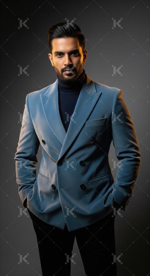 Confident Young Man in Stylish Blue Double-Breasted Blazer Portr