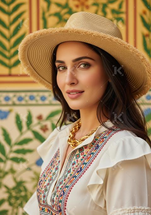 Elegant woman in straw hat and embroidered top, cultural backgro