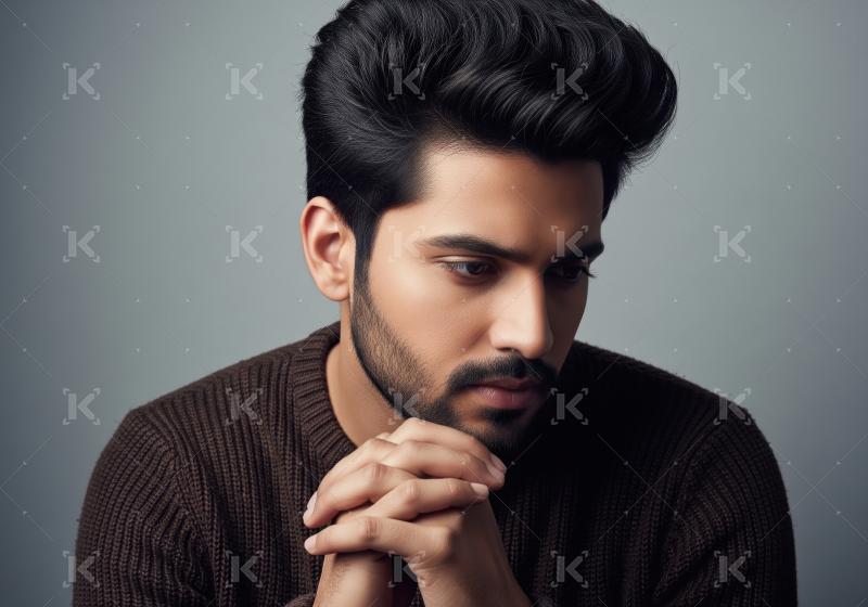 Thoughtful Young Man in Brown Sweater, Hands Clasped Pondering