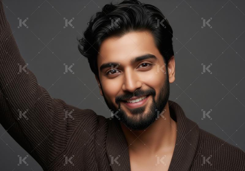 Happy bearded man in brown sweater smiling brightly at camera.