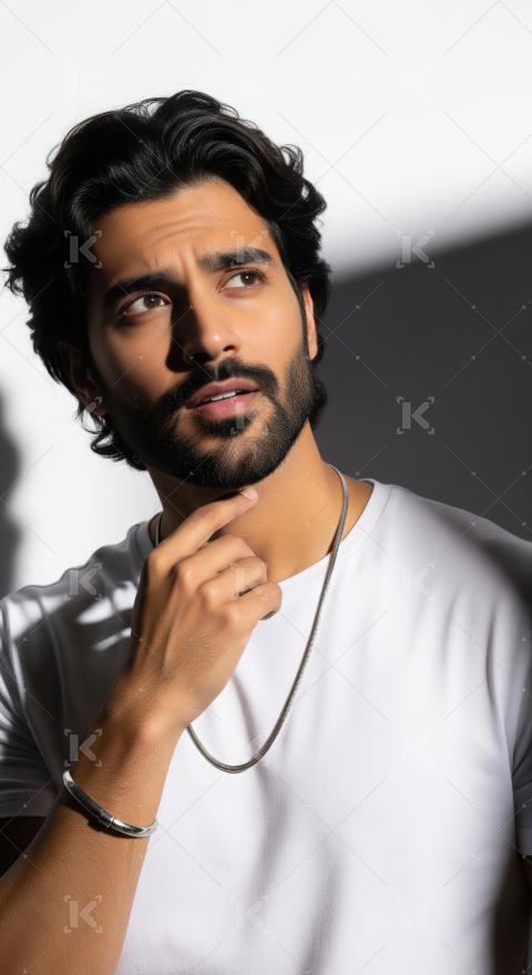 Thoughtful Young Man Looking Up with Pensive Expression