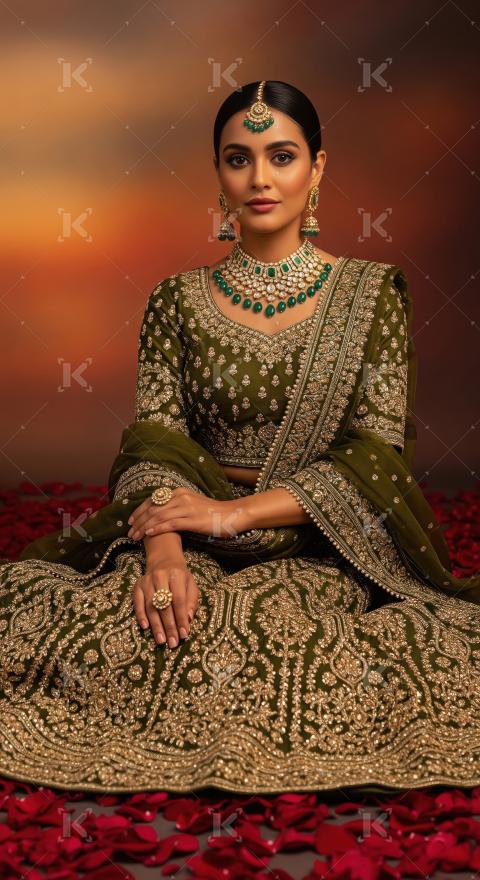 Elegant Indian Bride in Green Lehenga with Emerald Jewelry