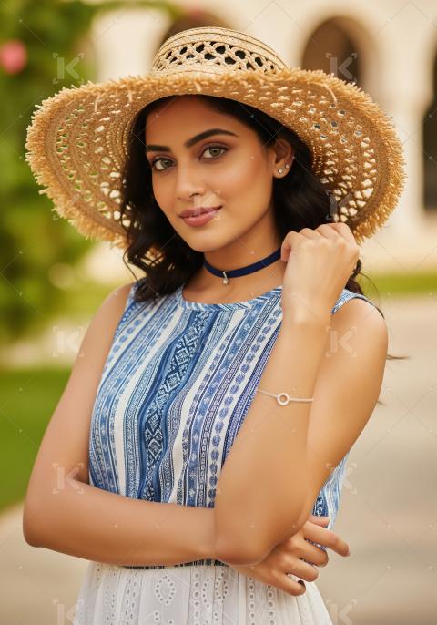 Beautiful Woman in Straw Hat and Blue Patterned Summer Dress