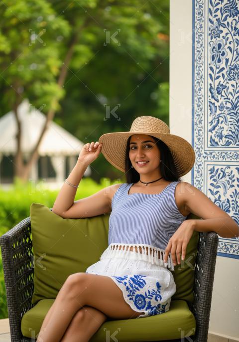 Beautiful Young Woman Relaxing Outdoors in Stylish Summer Attire