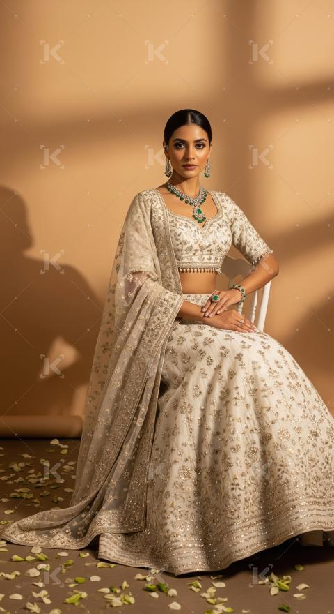 Elegant Indian Woman in Embroidered Lehenga and Emerald Jewelry