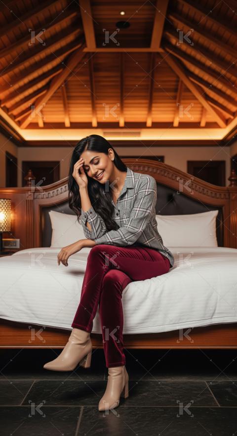 Happy Woman Sitting on Bed in Luxurious Hotel Room