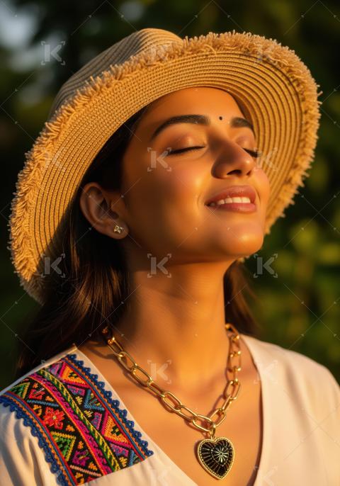Joyful Woman in Straw Hat Basking in Golden Sunlight
