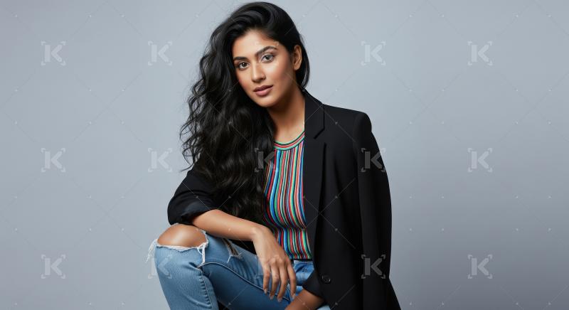 Stylish Young Indian Woman in Blazer and Ripped Jeans