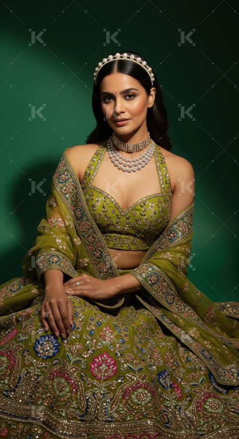 Elegant Indian Woman Posing in Traditional Green Embroidered Leh