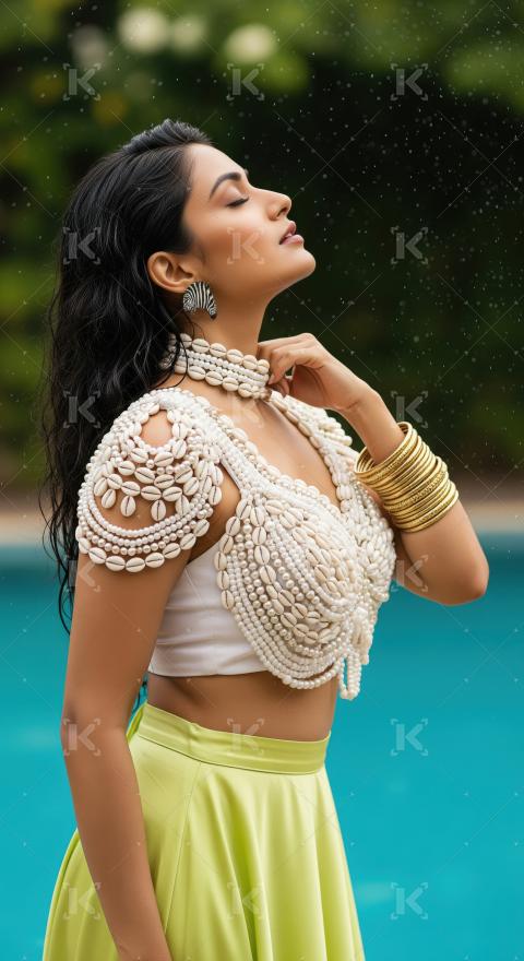 Elegant Woman Enjoying Rain in Exquisite Shell and Pearl Attire