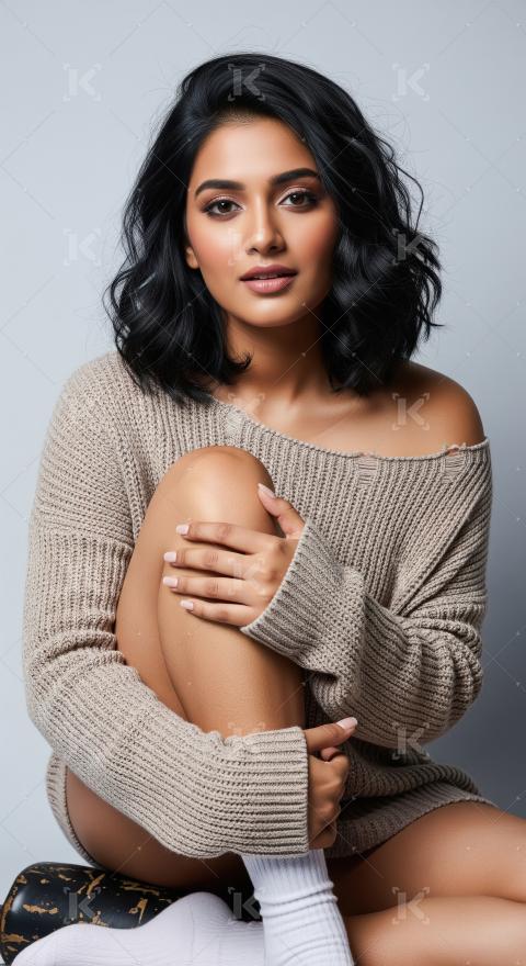 Beautiful Young South Asian Woman Posing In Cozy Sweater