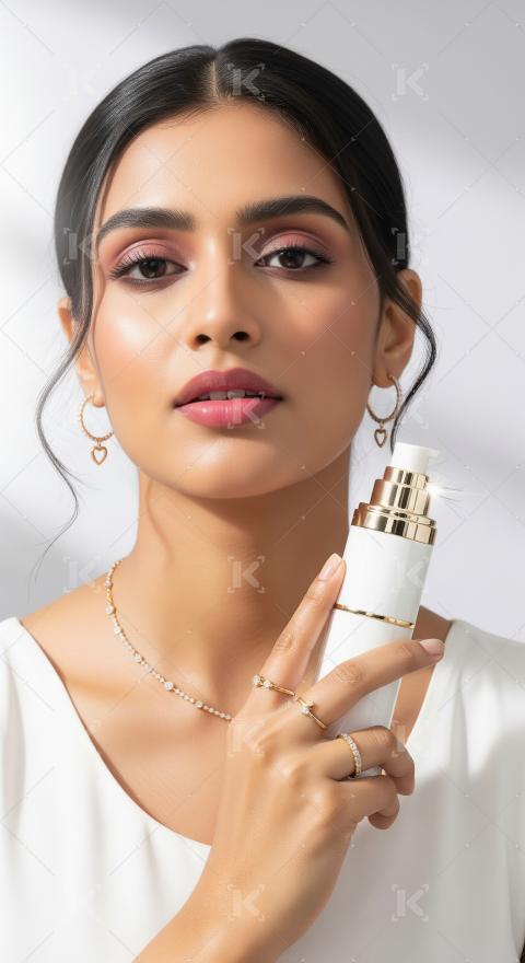 Beautiful woman showcasing glowing skin and luxury skincare prod