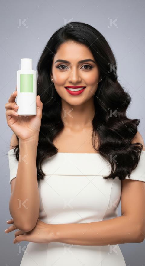 Beautiful Woman Smiling, Holding Skincare Product Bottle