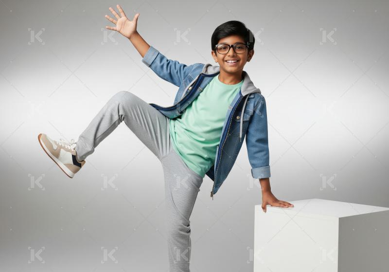 Happy Young Boy Playfully Posing in Casual Studio Portrait