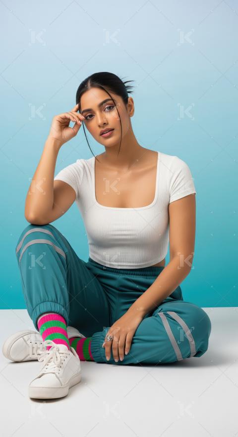 Stylish Young Indian Woman Posing in Trendy Casual Sportswear