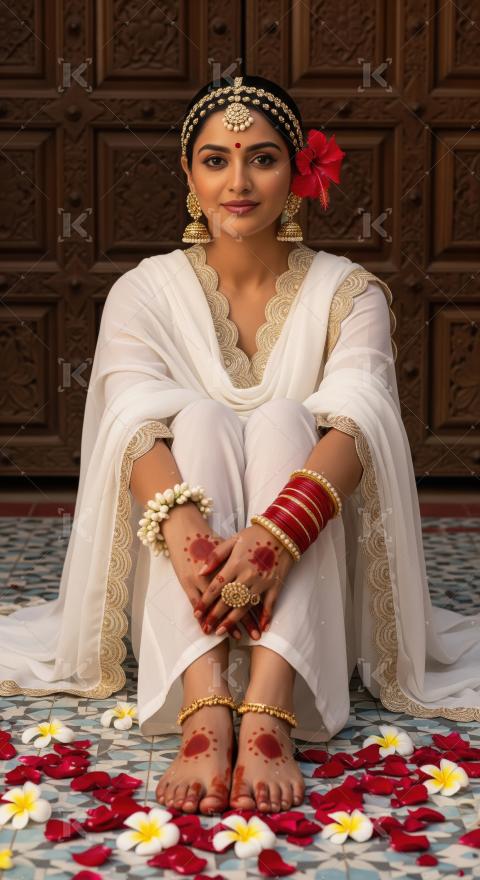 Beautiful Indian Woman in White Traditional Dress with Flowers