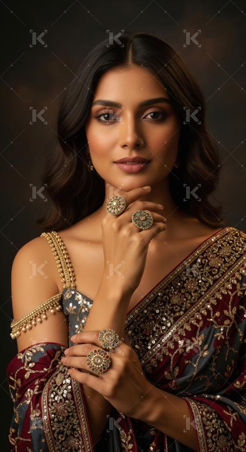 Elegant Indian Woman Adorned in Saree and Traditional Jewelry