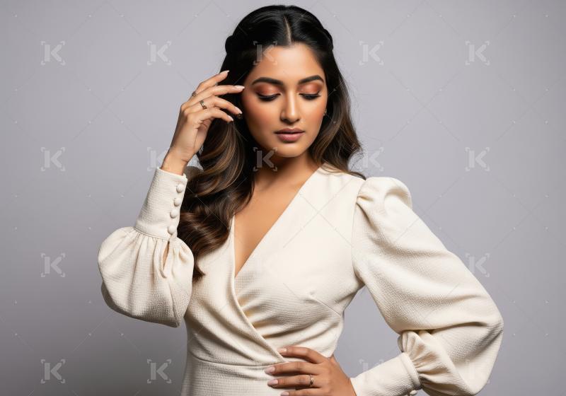 Beautiful Indian woman in elegant cream dress posing gracefully.