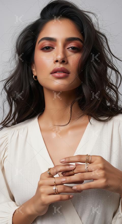 Beautiful Woman with Radiant Beauty and Luxurious Gold Jewelry