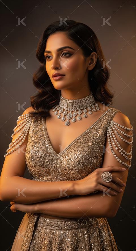 Glamorous South Asian woman wearing intricate gold and diamond e