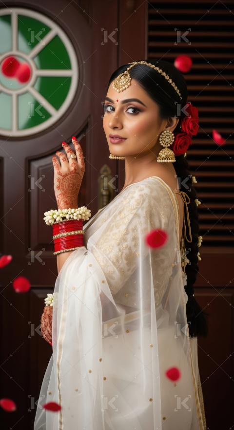 Elegant Indian Bride in Traditional White Saree and Gold Jewelry