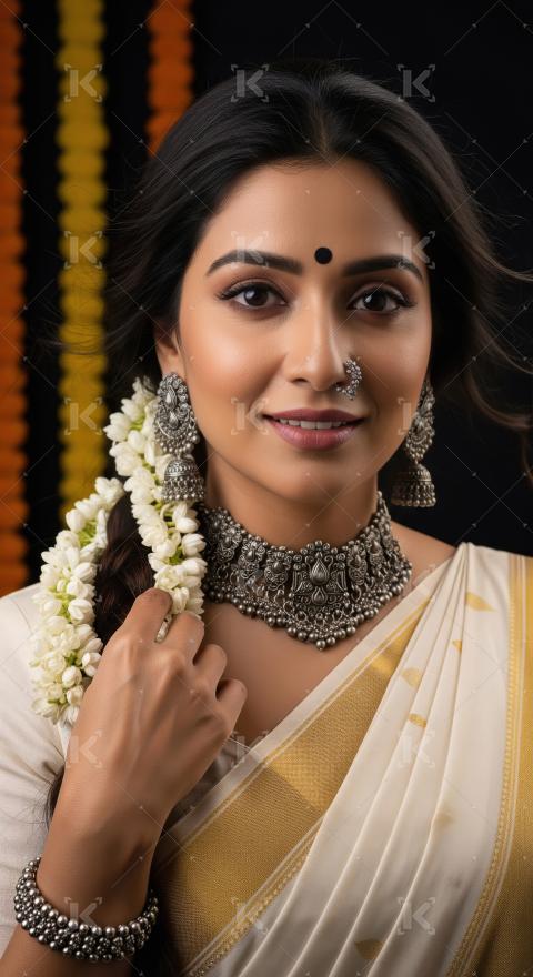 Elegant South Indian Woman Adorned in Traditional Attire and Jew