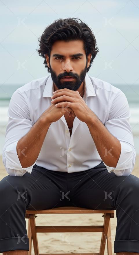 Confident Man on Beach: Direct Gaze, Thoughtful Pose