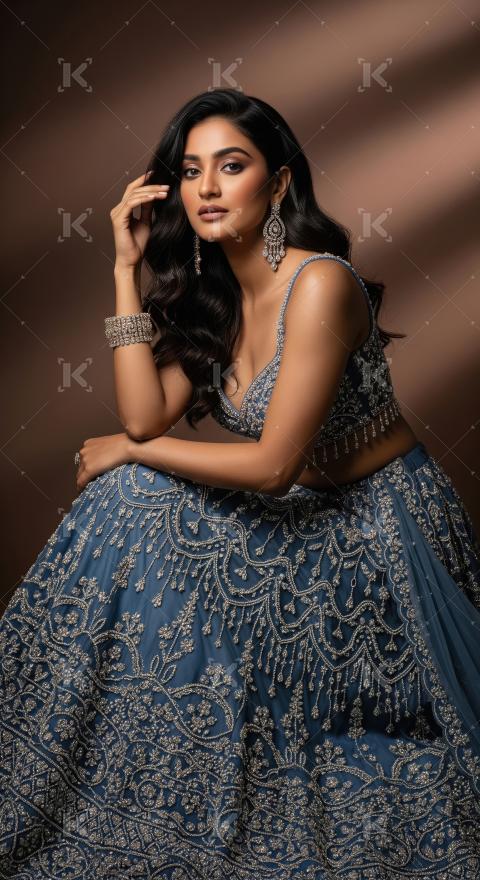 Elegant Indian Woman in Embroidered Blue Lehenga and Stunning Je