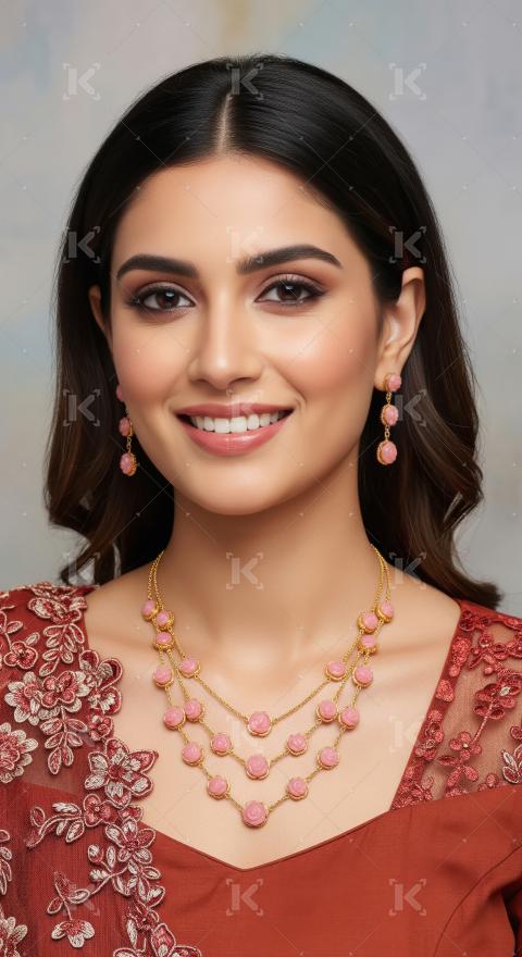 Smiling Indian Woman Adorned with Elegant Pink Floral Gold Jewel