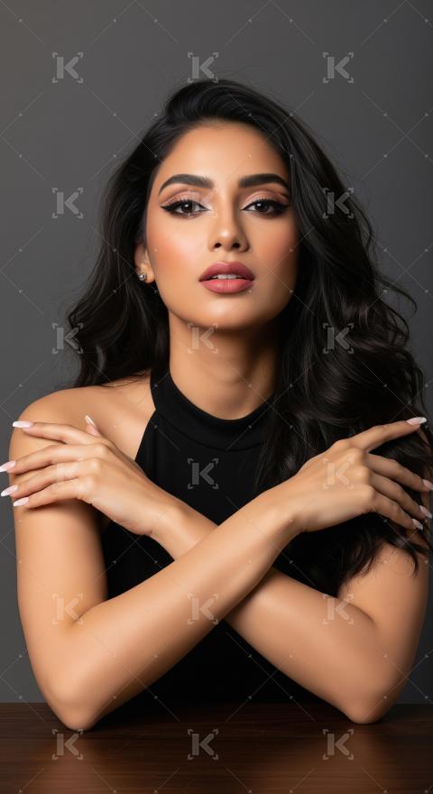 Beautiful Elegant Woman with Dark Hair and Stunning Makeup