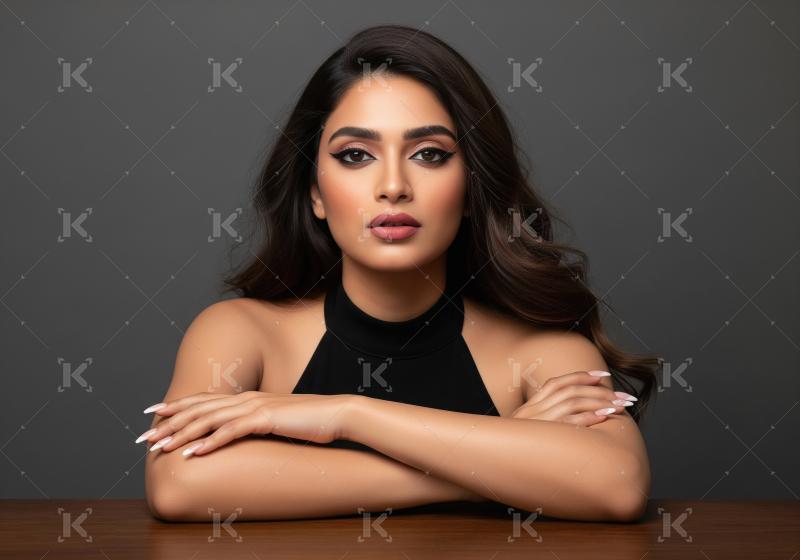 Confident Woman with Striking Makeup and Dark Wavy Hair