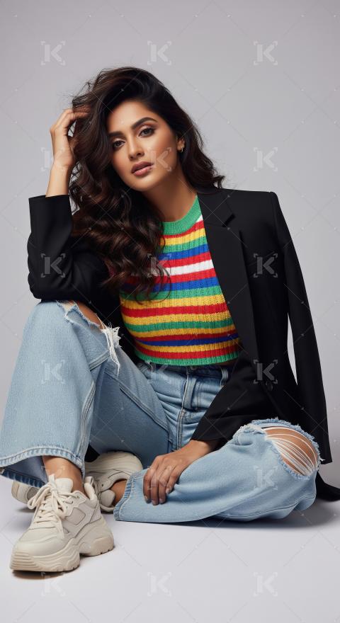 Stylish Woman Posing Confidently in Trendy Outfit