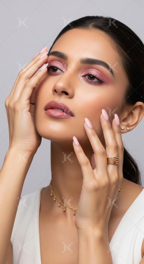 Glamorous Woman with Soft Pink Makeup and Elegant Jewelry