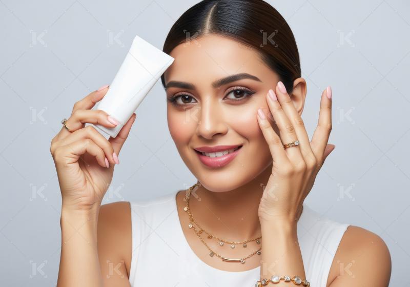 Smiling Woman Holding Skincare Product, Touching Radiant Face