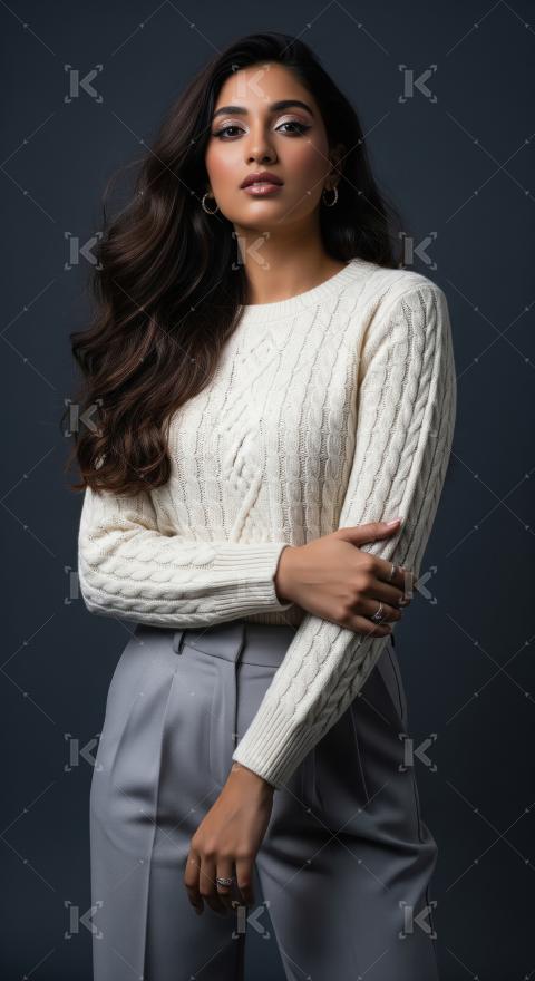 Elegant Young Woman in Cream Sweater and Grey Trousers