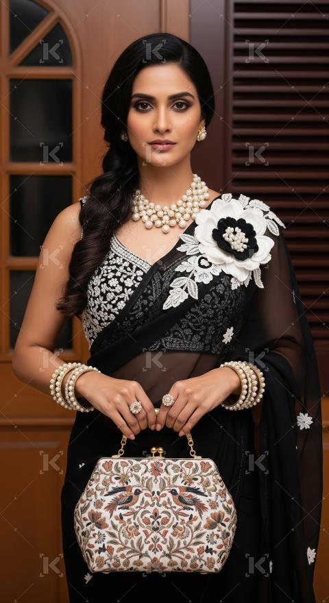 Indian Woman in Elegant Black Saree with Pearl Jewelry and Clutc