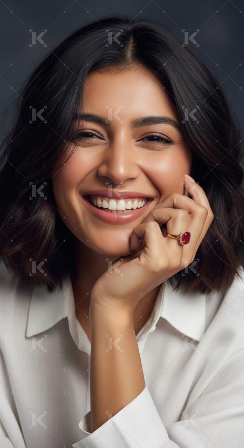 Beautiful Woman with Captivating Smile and Ruby Ring