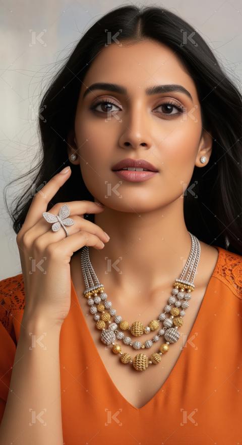Elegant Woman with Luxurious Gold and Silver Beaded Necklace